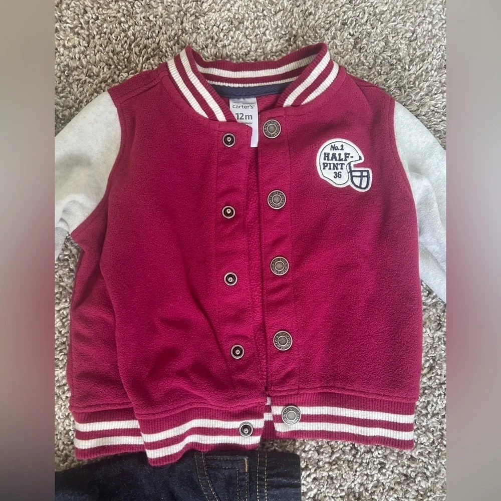 Carter’s Burgundy Varsity Jacket with Onesie and Jeans Set